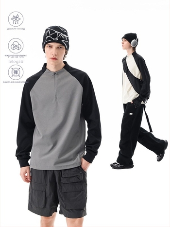 Férfi fél-zip hosszú ujjú, gyorsan száradó póló, 100% poliészter, karcsú szabás