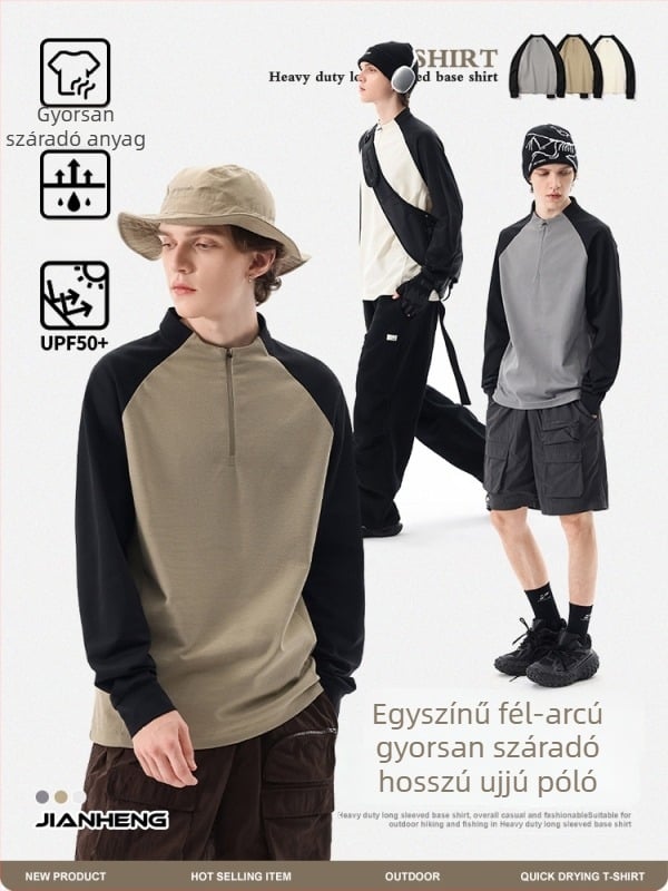 Férfi fél-zip hosszú ujjú, gyorsan száradó póló, 100% poliészter, karcsú szabás