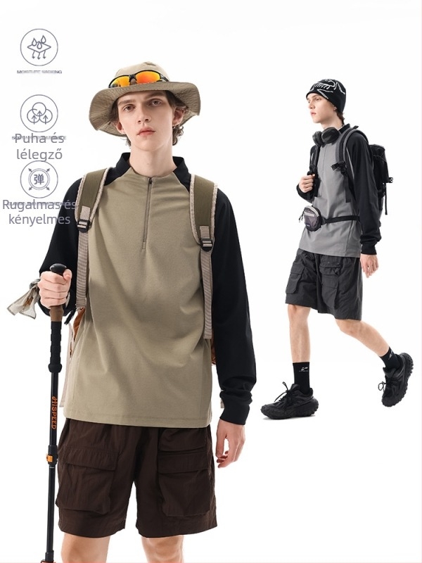 Férfi fél-zip hosszú ujjú, gyorsan száradó póló, 100% poliészter, karcsú szabás