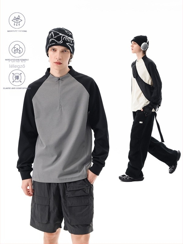 Férfi fél-zip hosszú ujjú, gyorsan száradó póló, 100% poliészter, karcsú szabás