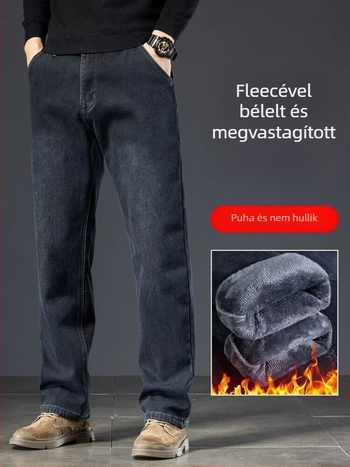 Férfi farmer nadrág fleece béléssel, téli vastag kivitel, magas derekú, egyenes szabású, cipzáras lezárás
