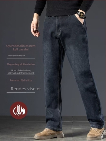 Férfi farmer nadrág fleece béléssel, téli vastag kivitel, magas derekú, egyenes szabású, cipzáras lezárás