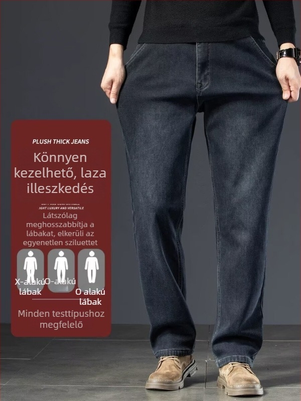 Férfi farmer nadrág fleece béléssel, téli vastag kivitel, magas derekú, egyenes szabású, cipzáras lezárás