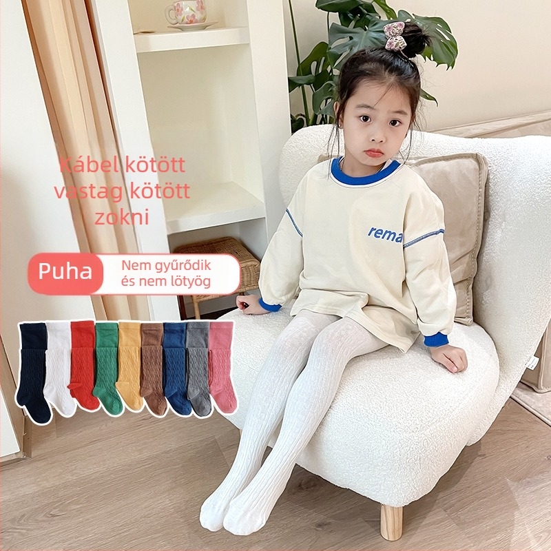 Lányoknak szóló kötött mintás harisnya, légáteresztő pamut anyagból, tavasz–ősz, 3–8 éveseknek, közepes vastagság