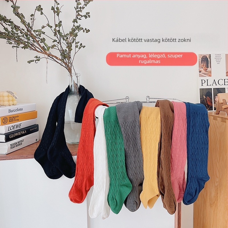 Lányoknak szóló kötött mintás harisnya, légáteresztő pamut anyagból, tavasz–ősz, 3–8 éveseknek, közepes vastagság