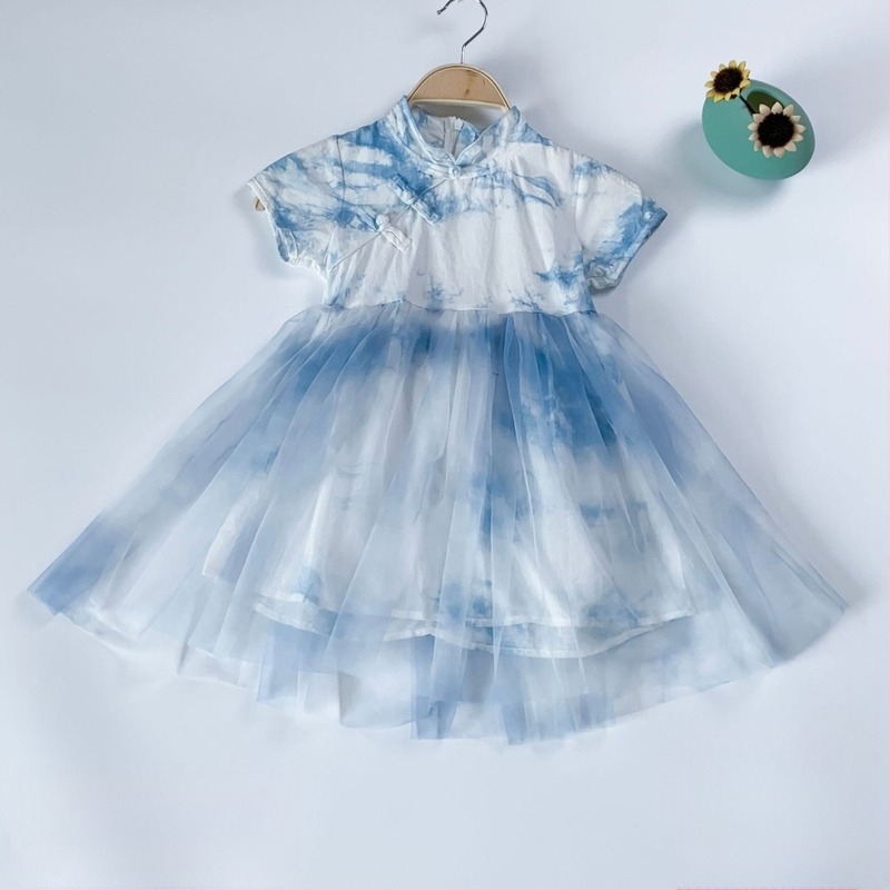 Lányoknak szóló rövid ujjú ruha, kínai stílus, pamut géz anyag, A-vonalú szabás, 3–8 éveseknek, nyár, finoman kezelt anyag