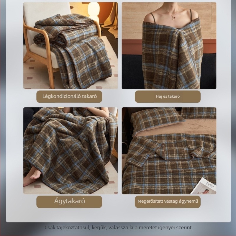 Kétrétegű kasmír fleece pléd geometriai kockás mintával, tavasz-őszi használatra, 80–90% kasmír tartalom.