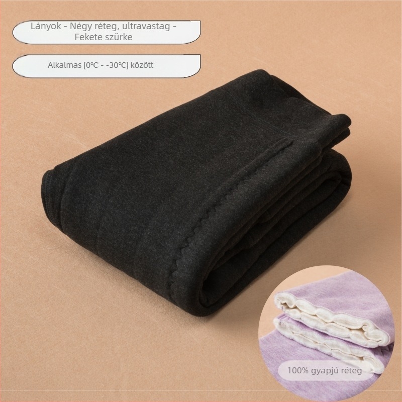 Gyerekeknek készült négy rétegű ultra vastag termikus nadrág, 100% gyapjú, fleece bélés, magas derék, téli viselet