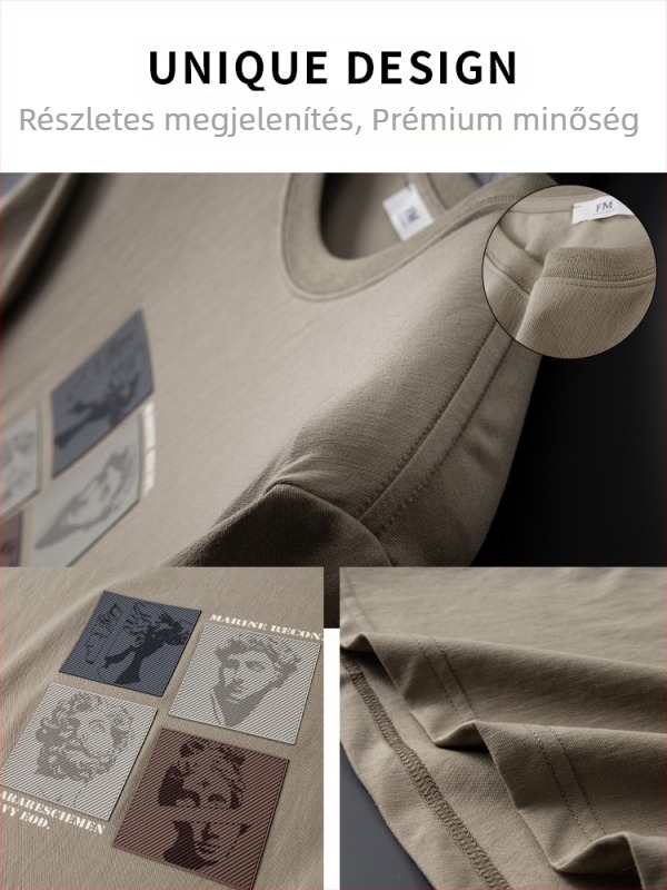 Férfi Slim-fit, lélegző pamut-poliészter anyagú felső, rövid ujjú, kerek nyakú, nyomtatott természeti táj