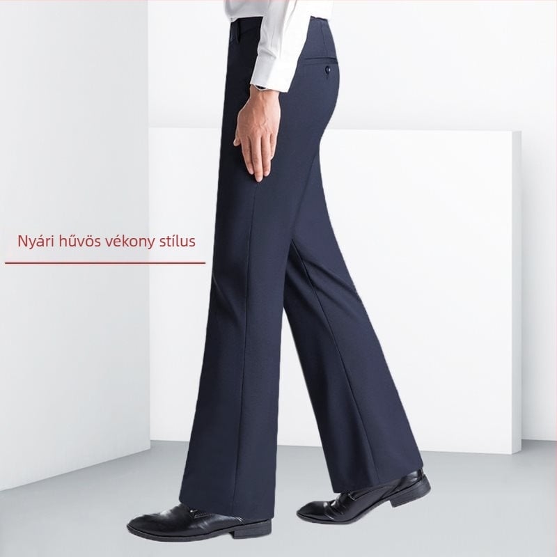 Férfi len nadrág, egyenes szabású, üzleti stílus, vasalásmentes, quilting részletekkel