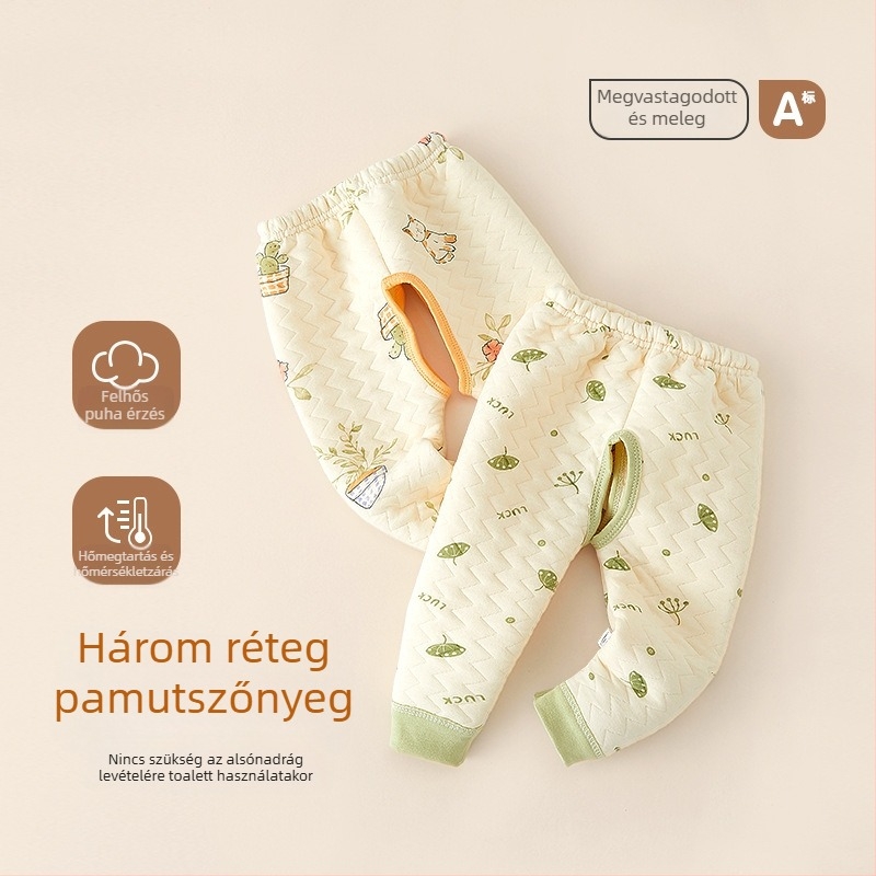 Baba pamutnadrág nyitott ágyékkal, meleg tavasz–őszre, középmagas derék, 1–3 éveseknek