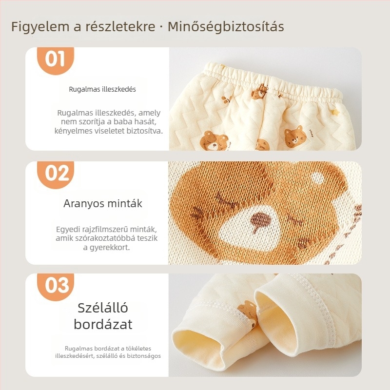 Baba pamutnadrág nyitott ágyékkal, meleg tavasz–őszre, középmagas derék, 1–3 éveseknek