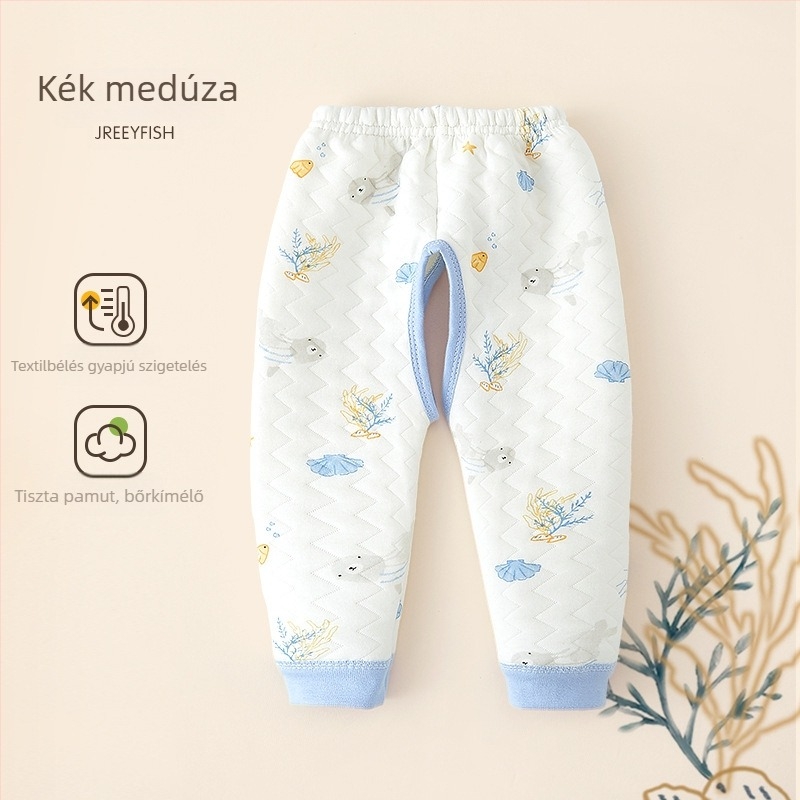 Baba pamutnadrág nyitott ágyékkal, meleg tavasz–őszre, középmagas derék, 1–3 éveseknek