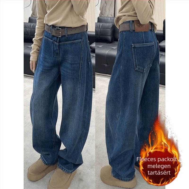 Női széles lábú farmernadrág, magas derék, fleece bélés, őszi-téli, retro amerikai stílus