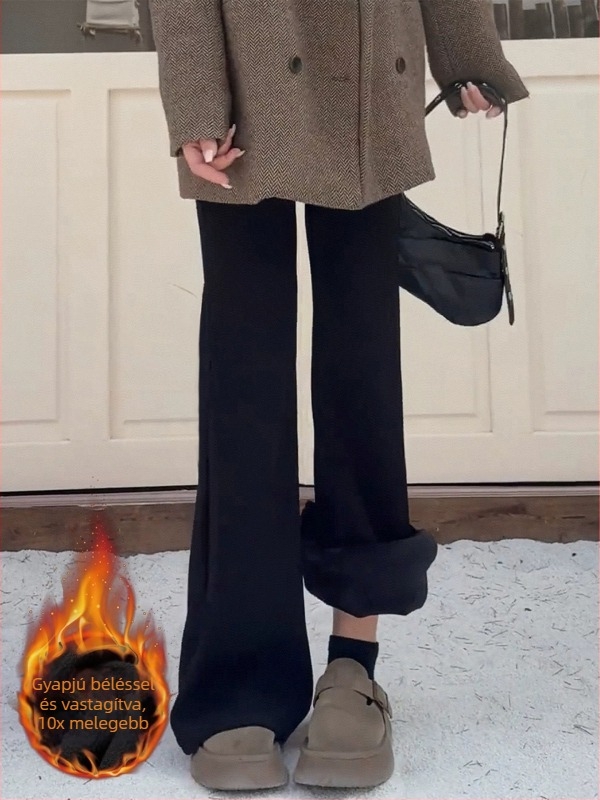 Női fekete farmernadrág drapírozott sziluettel és enyhén bővülő alsóval, magas derék, rugalmas, fleece-sel bélelt, vastag anyagú, hosszú