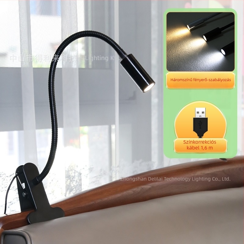 LED csipeszes éjjeli lámpa kollégiumhoz — USB tápegységgel, fém árnyékoló, gombkapcsoló, modell 561