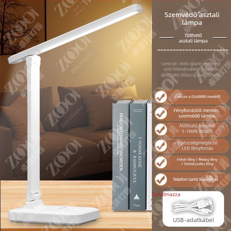 LED asztali lámpa szemvédő funkcióval a tanuláshoz és olvasáshoz, újratölthető akkumulátor, hangvezérlés, CRI ≥95, környezeti fény