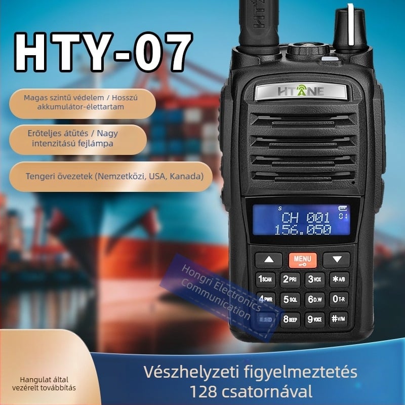 Hordozható tengeri mentő interkom — 128 csatornás, 156,025–163,275 MHz, hatótáv 5–10 km, Li-ion akkumulátor 2800 mAh
