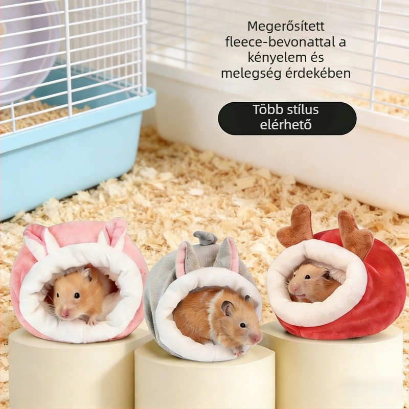 Pamut hörcsögfészek, kör alakú, téli használatra, melegen tart, rajzfilm-stílus.