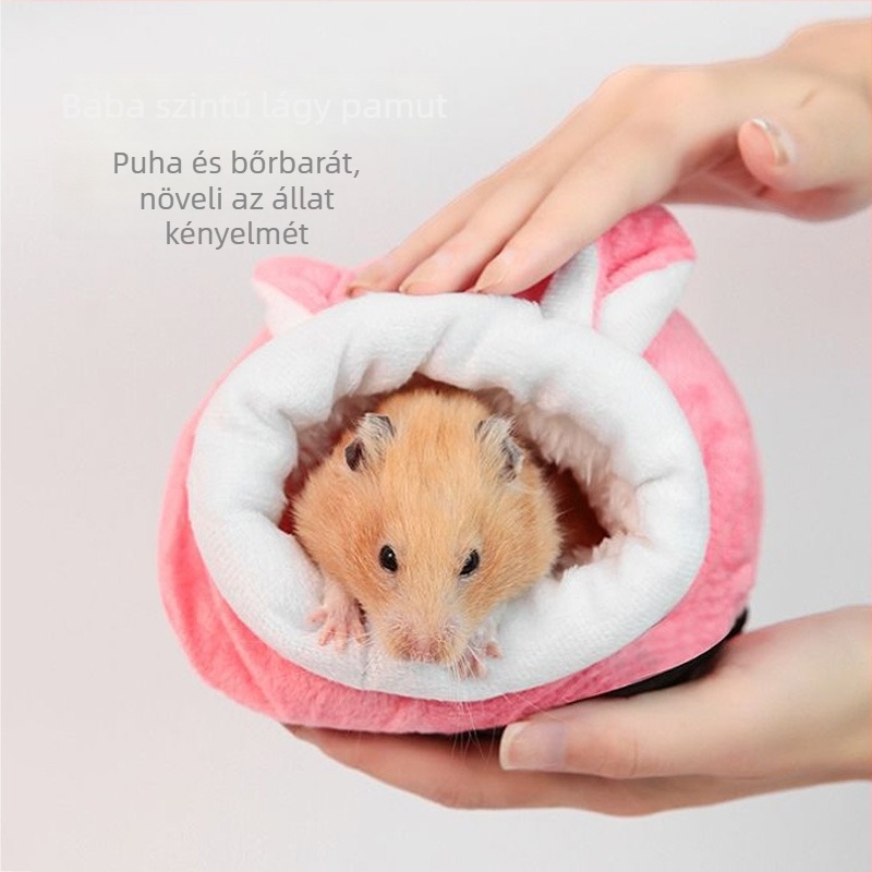 Pamut hörcsögfészek, kör alakú, téli használatra, melegen tart, rajzfilm-stílus.