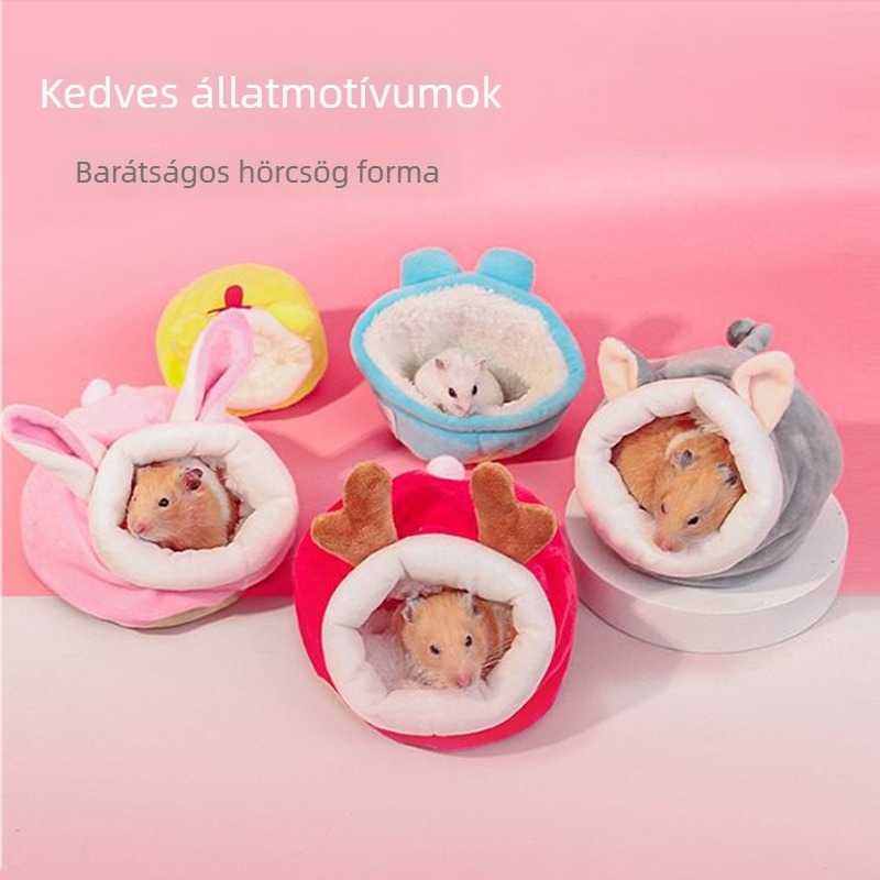Pamut hörcsögfészek, kör alakú, téli használatra, melegen tart, rajzfilm-stílus.