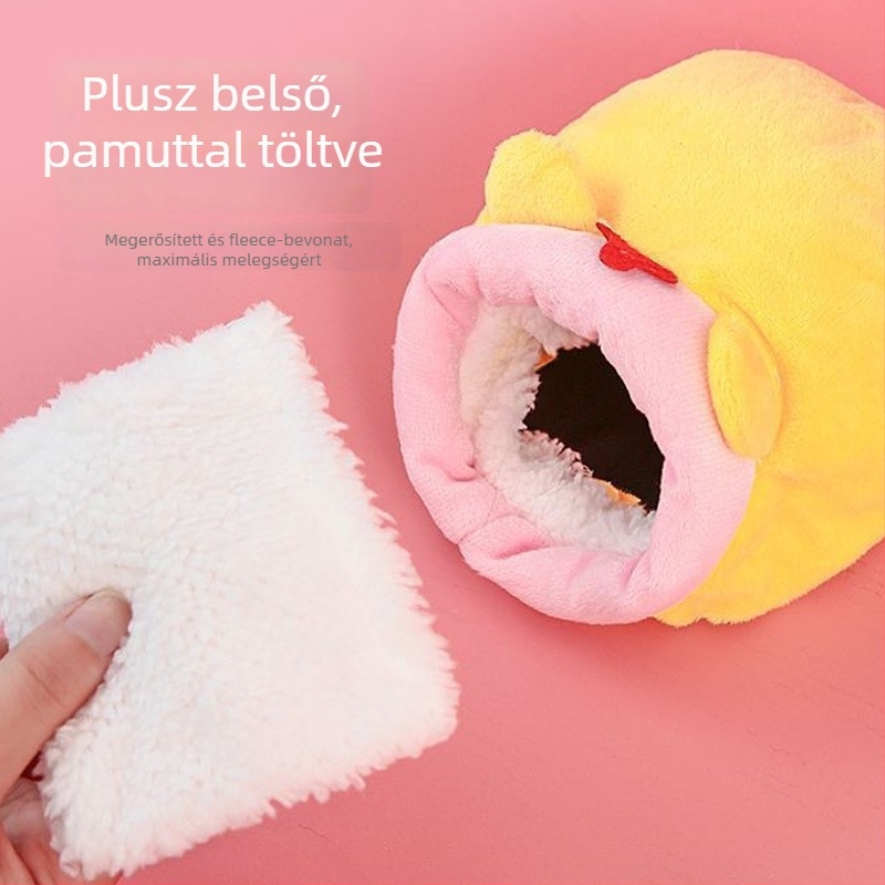 Pamut hörcsögfészek, kör alakú, téli használatra, melegen tart, rajzfilm-stílus.