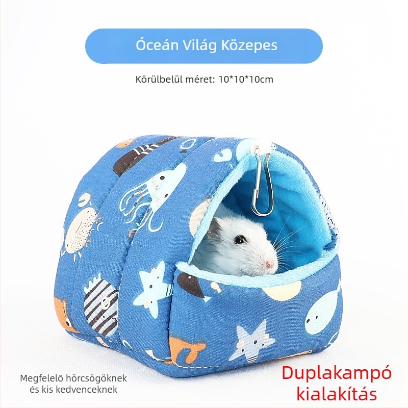 Pamut hörcsögfészek, kör alakú, téli használatra, melegen tart, rajzfilm-stílus.
