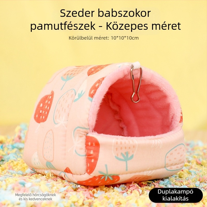 Pamut hörcsögfészek, kör alakú, téli használatra, melegen tart, rajzfilm-stílus.