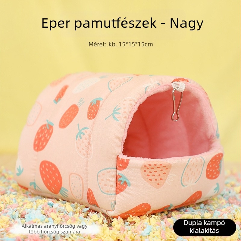 Pamut hörcsögfészek, kör alakú, téli használatra, melegen tart, rajzfilm-stílus.