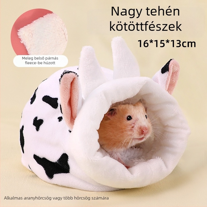 Pamut hörcsögfészek, kör alakú, téli használatra, melegen tart, rajzfilm-stílus.