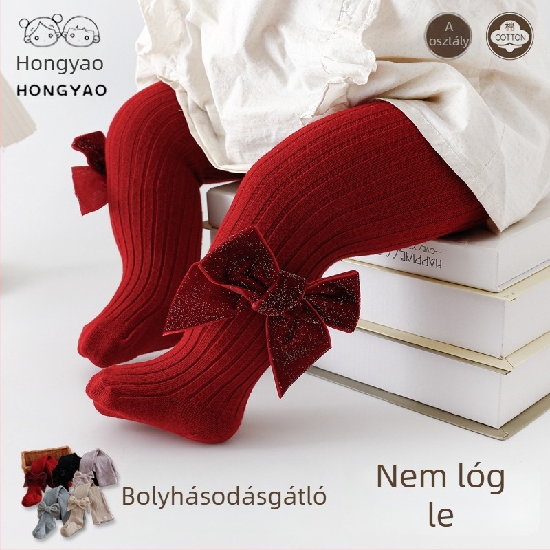 Pamut baba- és kislány leggings masnival, magas derékkal, hercegnő-stílusú, egyszínű, tavasz–ősz, 1–3 éveseknek