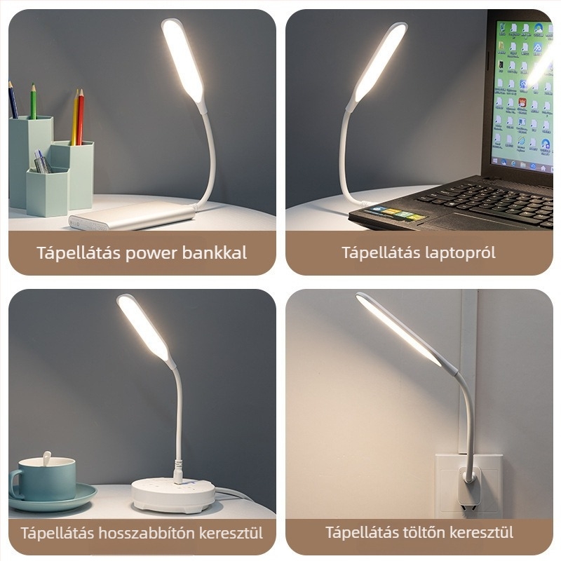 Szemvédő LED-es asztali lámpa, USB-táplálású, töltőre és hálózatról is működik, ideális tanulmányi Kollégiumokhoz és hálószobákhoz; olvasó- és éjjeli fény