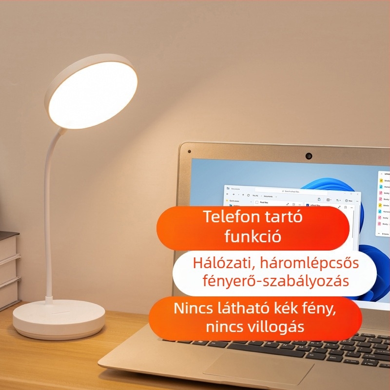 Szemvédő LED-es asztali lámpa, USB-táplálású, töltőre és hálózatról is működik, ideális tanulmányi Kollégiumokhoz és hálószobákhoz; olvasó- és éjjeli fény