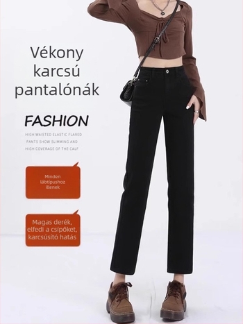 Farmerhatású egyenes szárú crop nadrág magas derékkal, könnyű nyújtás, 70-80% viszkóz és <30% spandex