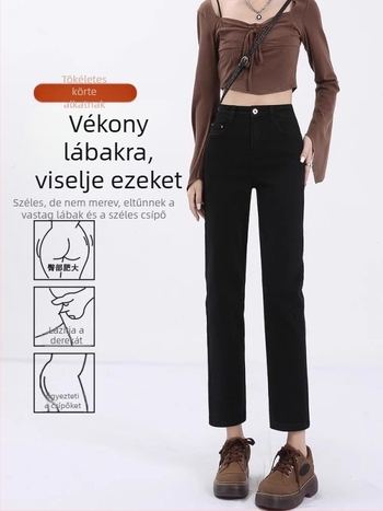 Farmerhatású egyenes szárú crop nadrág magas derékkal, könnyű nyújtás, 70-80% viszkóz és <30% spandex