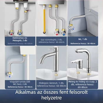 Rozsdamentes acélból készült sodrott tömlő réz végződésekkel a meleg- és hideg víz beömlőhöz a vécé vízmelegítőjéhez, 4-utas csatlakozás, névleges nyomás 4,0 MPa