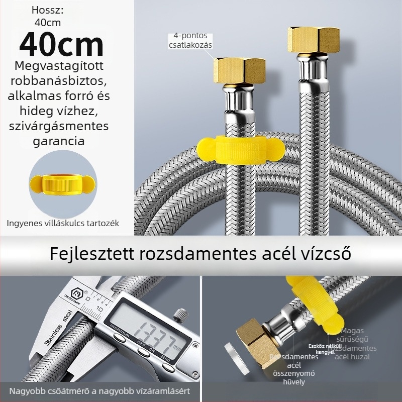 Rozsdamentes acélból készült sodrott tömlő réz végződésekkel a meleg- és hideg víz beömlőhöz a vécé vízmelegítőjéhez, 4-utas csatlakozás, névleges nyomás 4,0 MPa