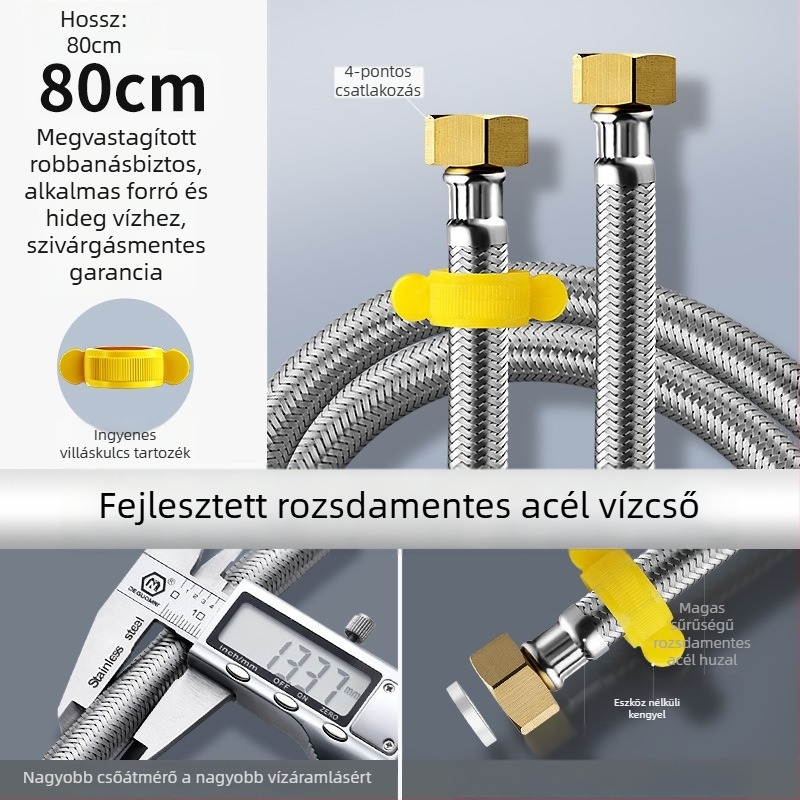Rozsdamentes acélból készült sodrott tömlő réz végződésekkel a meleg- és hideg víz beömlőhöz a vécé vízmelegítőjéhez, 4-utas csatlakozás, névleges nyomás 4,0 MPa