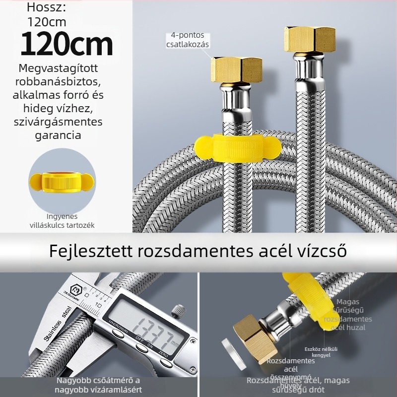 Rozsdamentes acélból készült sodrott tömlő réz végződésekkel a meleg- és hideg víz beömlőhöz a vécé vízmelegítőjéhez, 4-utas csatlakozás, névleges nyomás 4,0 MPa