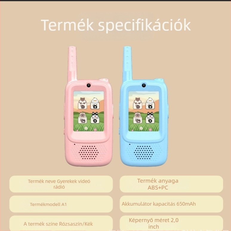 Gyerekeknek szóló videóintercom kijelzővel – 2,4 GHz, legfeljebb 1,5 km hatótávolság, kétcsatornás, Li-ion akkumulátor 650 mAh, offline működés