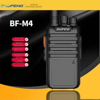 Baofeng BF-M4 hordozható kétirányú rádió, 5W, 400–470MHz, 16 csatorna, 5800mAh akkumulátor, 22 nap készenlét