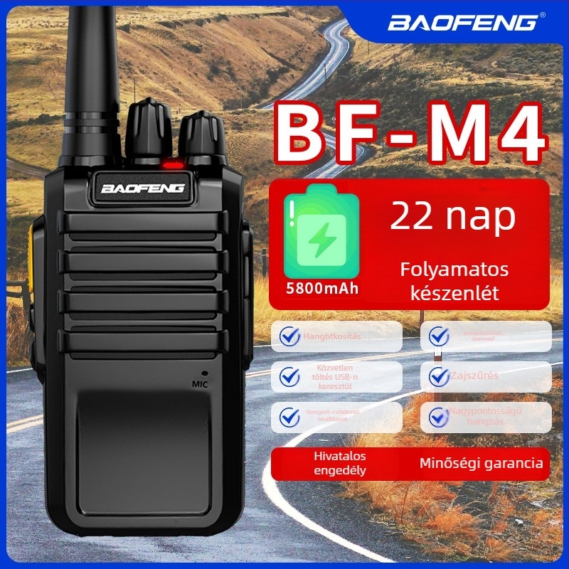 Baofeng BF-M4 hordozható kétirányú rádió, 5W, 400–470MHz, 16 csatorna, 5800mAh akkumulátor, 22 nap készenlét