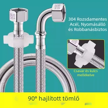 90°-os könyökös WC vízbevezető tömlő, 304 rozsdamentes acél, fémlánc hálózatos tömlő, csavaros csatlakozás, névleges nyomás 1.6 MPa, 0–90 °C, márka Zimani
