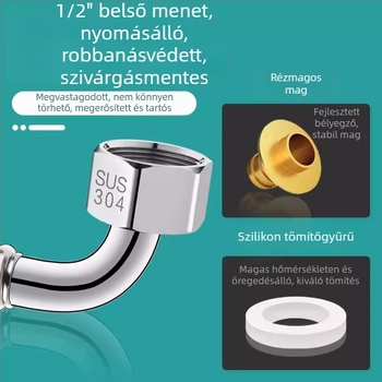 90°-os könyökös WC vízbevezető tömlő, 304 rozsdamentes acél, fémlánc hálózatos tömlő, csavaros csatlakozás, névleges nyomás 1.6 MPa, 0–90 °C, márka Zimani