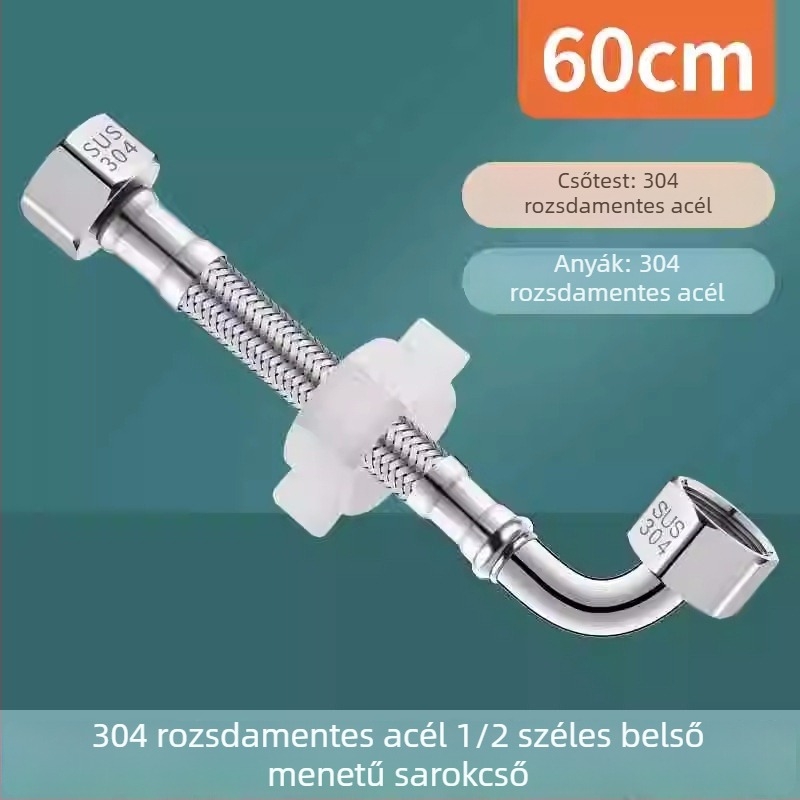90°-os könyökös WC vízbevezető tömlő, 304 rozsdamentes acél, fémlánc hálózatos tömlő, csavaros csatlakozás, névleges nyomás 1.6 MPa, 0–90 °C, márka Zimani