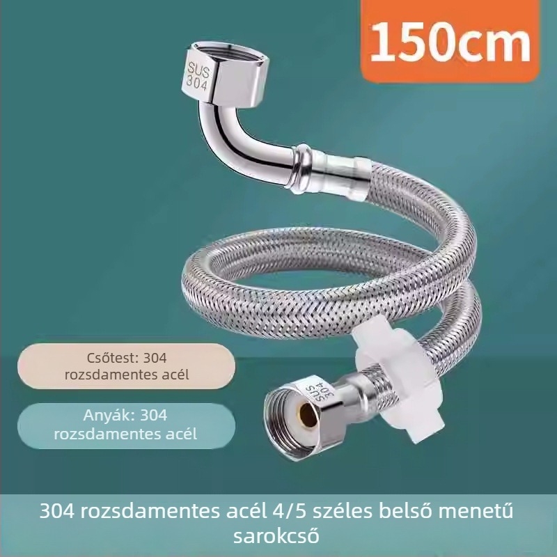 90°-os könyökös WC vízbevezető tömlő, 304 rozsdamentes acél, fémlánc hálózatos tömlő, csavaros csatlakozás, névleges nyomás 1.6 MPa, 0–90 °C, márka Zimani