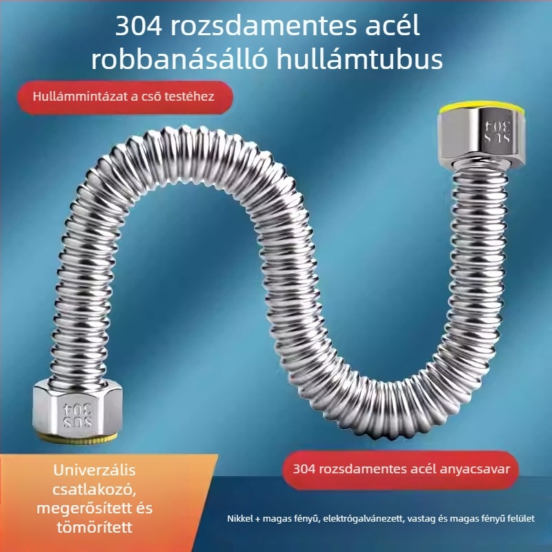 Rozsdamentes acél hullámos beömlőcső vízmelegítőhöz | 304 | 1.6 MPa | 0–90°C | kézi szerelés