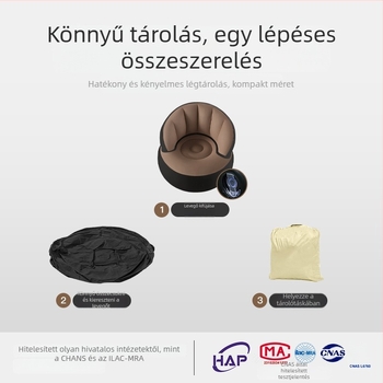 PVC-ből készült egyszemélyes felfújható kanapé otthonra, irodába és kültérre; hordozható; alkalmas csecsemőknek, gyerekeknek és felnőtteknek; tömege 900 g