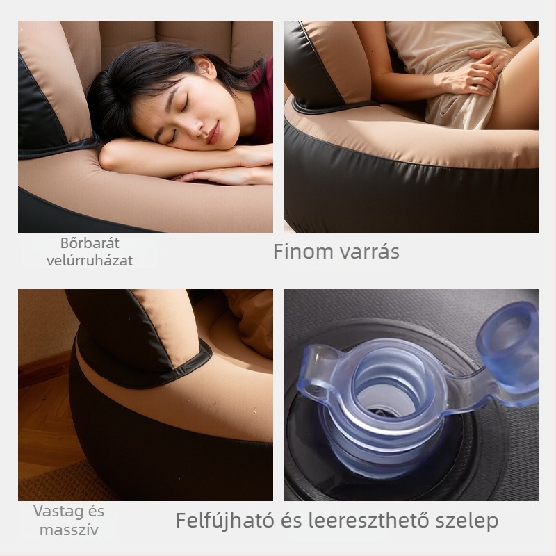 PVC-ből készült egyszemélyes felfújható kanapé otthonra, irodába és kültérre; hordozható; alkalmas csecsemőknek, gyerekeknek és felnőtteknek; tömege 900 g