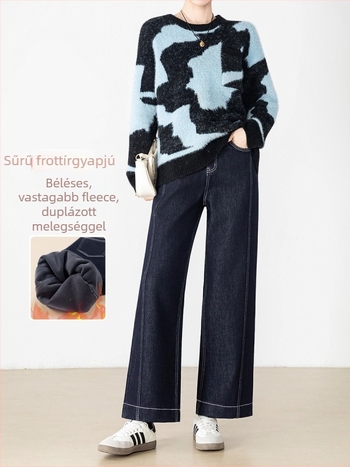 Női magas derekú fleece-bevonatos farmer, pamut-elasztán denim, egyenes szár, 9/10 hossz, téli 2025